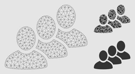 Mesh customer queue model with triangle mosaic icon. Wire carcass polygonal mesh of customer queue. Vector composition of triangle parts in different sizes and color tints.のイラスト素材
