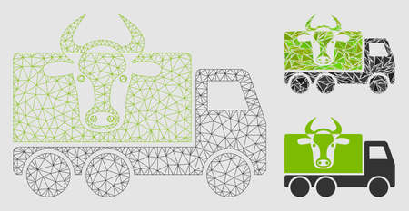Mesh cow transportation model with triangle mosaic icon. Wire frame polygonal mesh of cow transportation. Vector composition of triangle parts in variable sizes and color tones.のイラスト素材