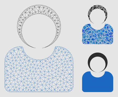 Mesh customer model with triangle mosaic icon. Wire carcass triangular mesh of customer. Vector mosaic of triangle elements in different sizes and color tones.のイラスト素材