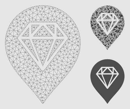 Mesh diamond map marker model with triangle mosaic icon. Wire frame triangular mesh of diamond map marker. Vector mosaic of triangle parts in various sizes and color tones.のイラスト素材