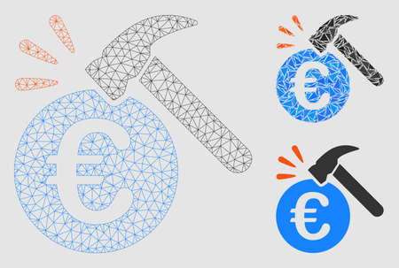 Mesh euro hammer strike model with triangle mosaic icon. Wire frame polygonal mesh of euro hammer strike. Vector mosaic of triangle elements in variable sizes and color tints.のイラスト素材