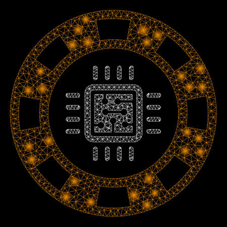 Bright mesh CPU casino chip with glare effect. Abstract illuminated model of CPU casino chip icon. Shiny wire frame polygonal mesh CPU casino chip abstraction in vector format on a black background.のイラスト素材