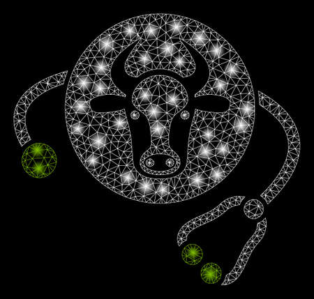 Bright mesh cow veterinary with glare effect. Abstract illuminated model of cow veterinary icon. Shiny wire frame triangular mesh cow veterinary abstraction in vector format on a black background.のイラスト素材