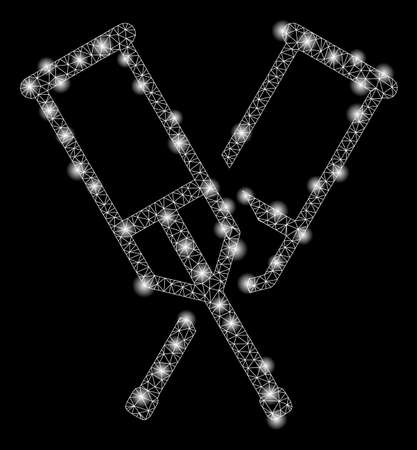 Bright mesh crutches with glow effect. Abstract illuminated model of crutches icon. Shiny wire carcass triangular mesh crutches abstraction in vector format on a black background.のイラスト素材
