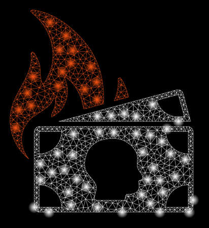 Bright mesh banknotes fire disaster with glow effect. Abstract illuminated model of banknotes fire disaster icon.のイラスト素材