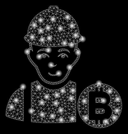 Bright mesh Bitcoin miner with lightspot effect. Abstract illuminated model of Bitcoin miner icon. Shiny wire carcass polygonal mesh Bitcoin miner abstraction in vector format on a black background.のイラスト素材