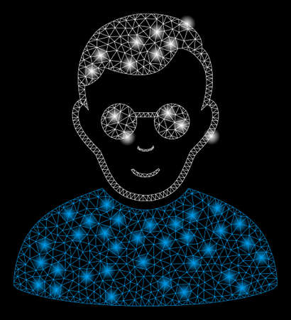 Bright mesh blind man with lightspot effect. Abstract illuminated model of blind man icon. Shiny wire frame polygonal network blind man abstraction in vector format on a black background.のイラスト素材