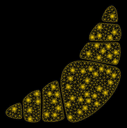 Bright mesh croissant with glare effect. Abstract illuminated model of croissant icon. Shiny wire frame triangular network croissant abstraction in vector format on a black background.のイラスト素材