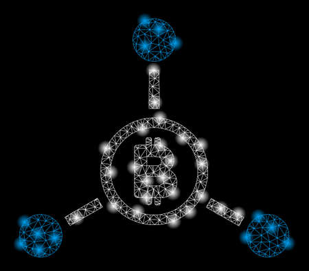 Bright mesh Bitcoin connections with glare effect. Abstract illuminated model of Bitcoin connections icon.のイラスト素材