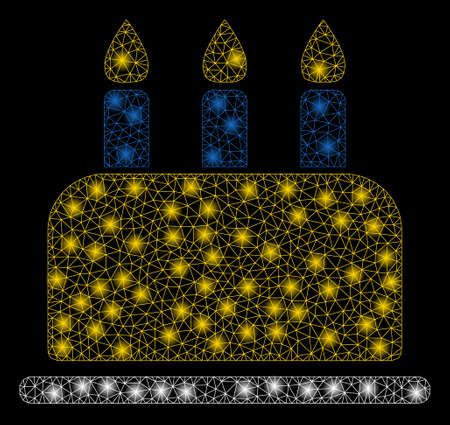 Bright mesh birthday with lightspot effect. Abstract illuminated model of birthday icon. Shiny wire frame polygonal mesh birthday abstraction in vector format on a black background.のイラスト素材