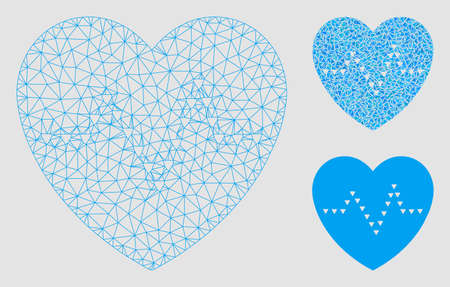 Mesh dotted heart pulse model with triangle mosaic icon. Wire frame polygonal mesh of dotted heart pulse. Vector mosaic of triangle elements in different sizes and color hues.のイラスト素材