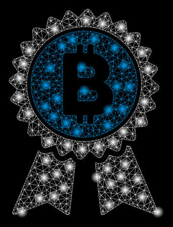 Bright mesh Bitcoin award seal with glow effect. Abstract illuminated model of Bitcoin award seal icon.のイラスト素材