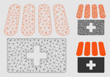 Mesh drugstore model with triangle mosaic icon. Wire carcass polygonal network of drugstore. Vector mosaic of triangles in various sizes and color tints. Abstract 2d mesh drugstore,のイラスト素材