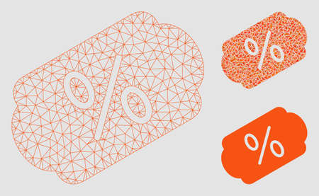 Mesh discount label model with triangle mosaic icon. Wire frame triangular network of discount label. Vector mosaic of triangle parts in variable sizes and color tones.のイラスト素材
