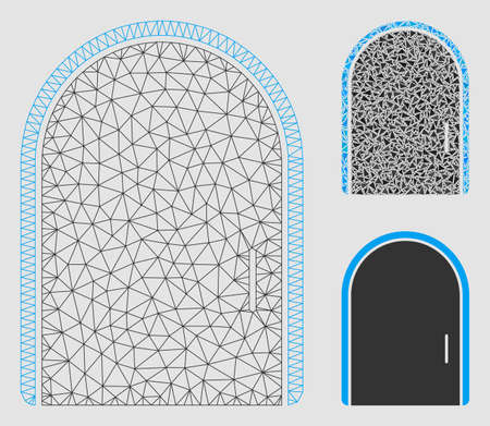 Mesh door model with triangle mosaic icon. Wire frame polygonal mesh of door. Vector mosaic of triangle elements in different sizes and color tones. Abstract flat mesh door,のイラスト素材