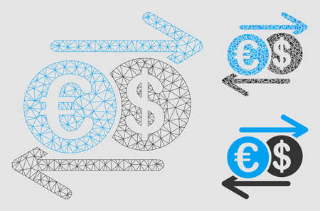 Mesh Dollar Euro exchange model with triangle mosaic icon. Wire carcass triangular mesh of Dollar Euro exchange. Vector mosaic of triangles in different sizes and color tones.のイラスト素材
