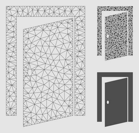 Mesh door model with triangle mosaic icon. Wire carcass polygonal mesh of door. Vector mosaic of triangle parts in various sizes and color tints. Abstract 2d mesh door, designed with triangles.のイラスト素材