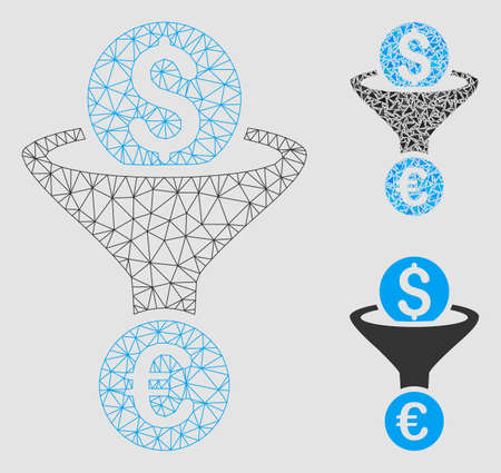 Mesh Dollar Euro conversion funnel model with triangle mosaic icon. Wire carcass polygonal mesh of Dollar Euro conversion funnel.のイラスト素材