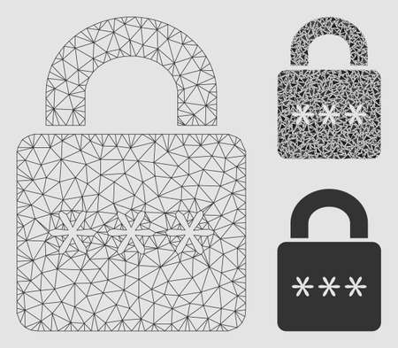 Mesh digital lock model with triangle mosaic icon. Wire carcass triangular network of digital lock. Vector composition of triangle parts in various sizes and color tones.のイラスト素材