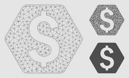 Mesh dollar hexagon model with triangle mosaic icon. Wire frame polygonal mesh of dollar hexagon. Vector composition of triangle elements in various sizes and color hues.のイラスト素材