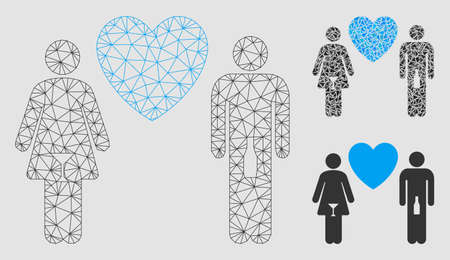 Mesh drunky love pair model with triangle mosaic icon. Wire carcass triangular mesh of drunky love pair. Vector mosaic of triangles in various sizes and color hues. Abstract 2d mesh drunky love pair,のイラスト素材