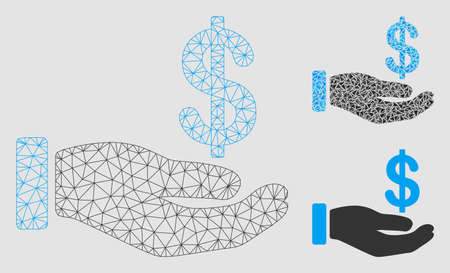 Mesh earnings hand model with triangle mosaic icon. Wire carcass triangular mesh of earnings hand. Vector composition of triangle elements in various sizes and color tinges.のイラスト素材
