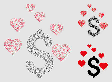 Mesh dollar love hearts model with triangle mosaic icon. Wire frame polygonal mesh of dollar love hearts. Vector mosaic of triangle elements in variable sizes and color tints.のイラスト素材