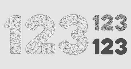 Mesh digits model with triangle mosaic icon. Wire carcass polygonal mesh of digits. Vector mosaic of triangle elements in variable sizes and color tints. Abstract 2d mesh digits,のイラスト素材