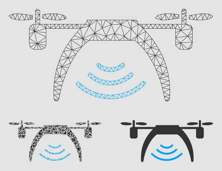 Mesh drone WiFi repeater model with triangle mosaic icon. Wire carcass triangular mesh of drone WiFi repeater. Vector composition of triangle parts in different sizes and color tones.のイラスト素材