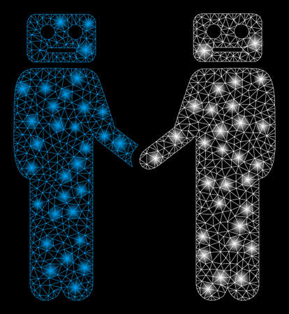 Bright mesh cyborg meeting with glare effect. Abstract illuminated model of cyborg meeting icon. Shiny wire frame polygonal mesh cyborg meeting abstraction in vector format on a black background.のイラスト素材