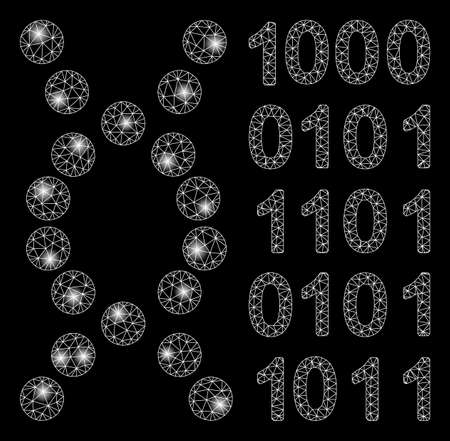 Bright mesh DNA code with glare effect. Abstract illuminated model of DNA code icon. Shiny wire frame polygonal mesh DNA code. Vector abstraction on a black background.のイラスト素材