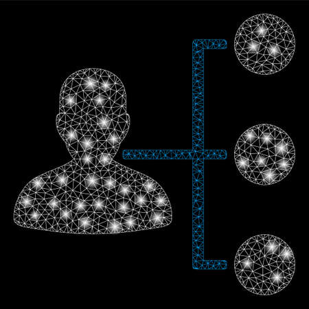 Bright mesh distributor with glare effect. Abstract illuminated model of distributor icon. Shiny wire carcass polygonal mesh distributor. Vector abstraction on a black background.のイラスト素材