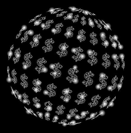 Bright mesh dollar abstract sphere with glare effect. Abstract illuminated model of dollar abstract sphere icon. Shiny wire frame polygonal mesh dollar abstract sphere.のイラスト素材