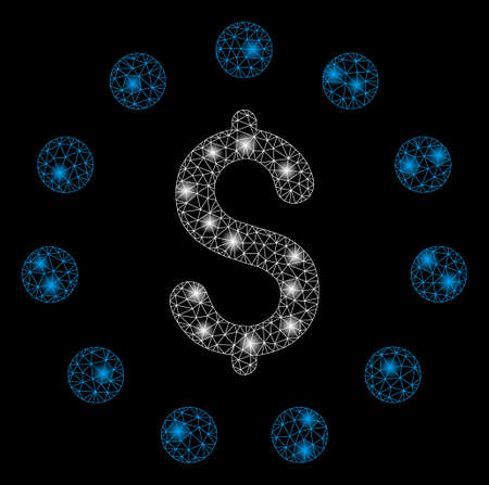 Bright mesh dollar sign with lightspot effect. Abstract illuminated model of dollar sign icon. Shiny wire frame polygonal mesh dollar sign. Vector abstraction on a black background.のイラスト素材