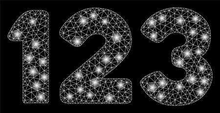 Bright mesh digits with glare effect. Abstract illuminated model of digits icon. Shiny wire frame triangular mesh digits. Vector abstraction on a black background.のイラスト素材