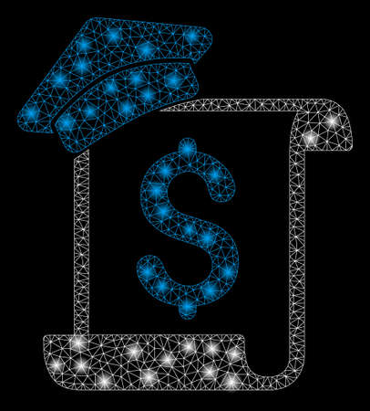 Bright mesh education invoice with glare effect. Abstract illuminated model of education invoice icon. Shiny wire frame triangular mesh education invoice. Vector abstraction on a black background.のイラスト素材