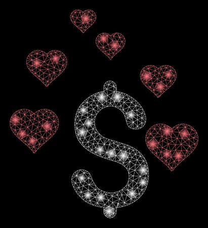 Bright mesh dollar love hearts with lightspot effect. Abstract illuminated model of dollar love hearts icon. Shiny wire frame polygonal mesh dollar love hearts.のイラスト素材