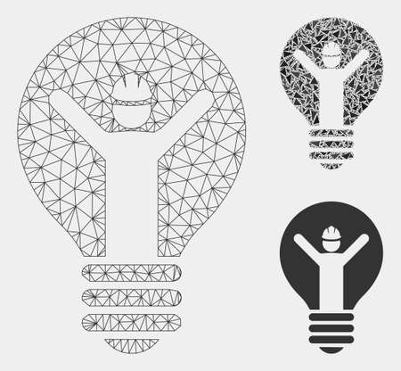 Mesh electrician model with triangle mosaic icon. Wire frame polygonal mesh of electrician. Vector mosaic of triangle parts in various sizes and color shades. Abstract flat mesh electrician,のイラスト素材