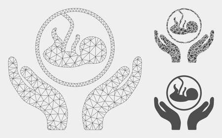 Mesh embryo care hands model with triangle mosaic icon. Wire carcass triangular mesh of embryo care hands. Vector collage of triangle parts in variable sizes and color shades.のイラスト素材