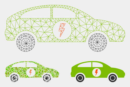 Mesh electric car model with triangle mosaic icon. Wire frame triangular mesh of electric car. Vector composition of triangle parts in variable sizes and color tinges. Abstract flat mesh electric car,のイラスト素材
