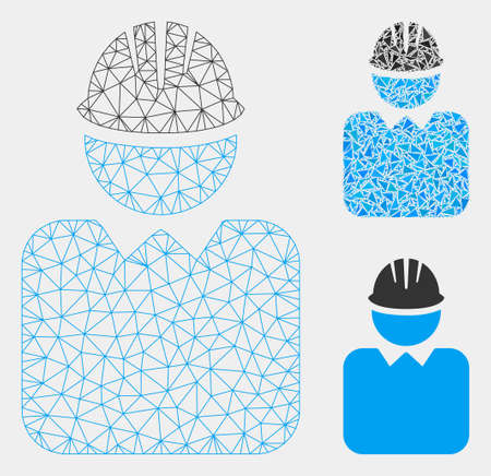 Mesh engineer model with triangle mosaic icon. Wire frame triangular mesh of engineer. Vector mosaic of triangle parts in variable sizes and color tints. Abstract flat mesh engineer,のイラスト素材