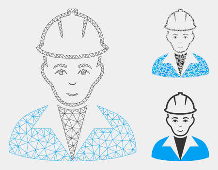Mesh engineer model with triangle mosaic icon. Wire carcass polygonal mesh of engineer. Vector mosaic of triangle elements in various sizes and color tints. Abstract 2d mesh engineer,のイラスト素材