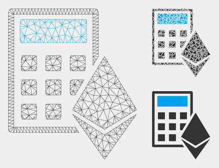 Mesh Ethereum calculator model with triangle mosaic icon. Wire carcass triangular mesh of Ethereum calculator. Vector mosaic of triangle elements in variable sizes and color shades.のイラスト素材