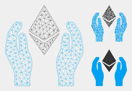 Mesh Ethereum care hands model with triangle mosaic icon. Wire frame polygonal mesh of Ethereum care...