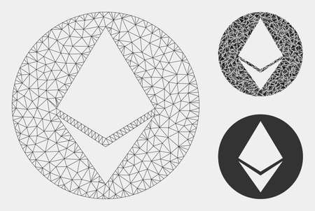 Mesh Ethereum coin model with triangle mosaic icon. Wire frame triangular mesh of Ethereum coin. Vector mosaic of triangles in various sizes and color tones. Abstract 2d mesh Ethereum coin,のイラスト素材