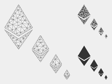 Mesh Ethereum crystal defaltion model with triangle mosaic icon. Wire frame polygonal mesh of Ethereum crystal defaltion. Vector mosaic of triangle elements in variable sizes and color tones.のイラスト素材