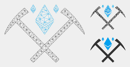 Mesh Ethereum crystal mining hammers model with triangle mosaic icon. Wire frame polygonal network of Ethereum crystal mining hammers.のイラスト素材