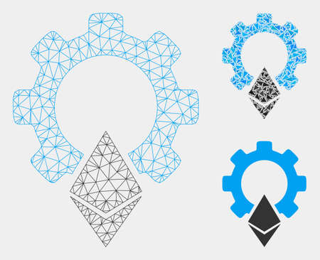 Mesh Ethereum gear model with triangle mosaic icon. Wire carcass polygonal mesh of Ethereum gear. Vector collage of triangle parts in various sizes and color tinges. Abstract flat mesh Ethereum gear,のイラスト素材