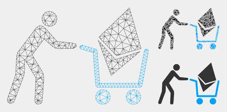 Mesh Ethereum shopping cart model with triangle mosaic icon. Wire frame triangular network of Ethereum shopping cart. Vector mosaic of triangles in variable sizes and color tints.のイラスト素材