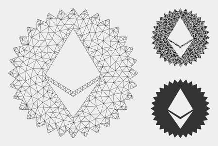 Mesh Ethereum medal coin model with triangle mosaic icon. Wire frame triangular mesh of Ethereum medal coin. Vector mosaic of triangle elements in different sizes and color hues.のイラスト素材